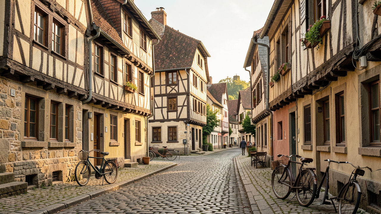 Rue d’un village alsacien au début des années 1900, avec des maisons à colombages et des pavés, éclairée par une lumière naturelle, avec un fort niveau de netteté et une faible profondeur de champ.
